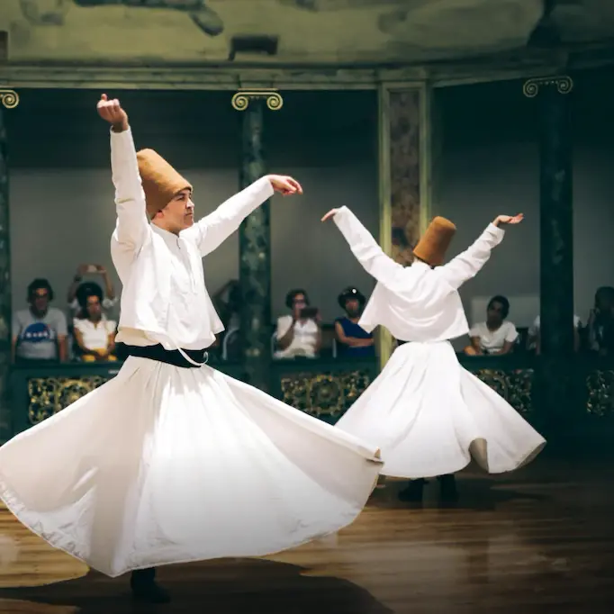 Whirling dervishes performing a traditional dance in Turkey.
