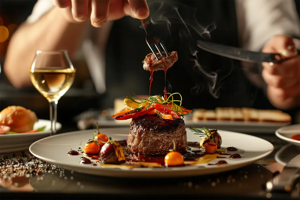 A beautifully plated steak with vibrant vegetables, paired with a glass of white wine at a fine dining restaurant, showcasing modern Spanish cuisine.